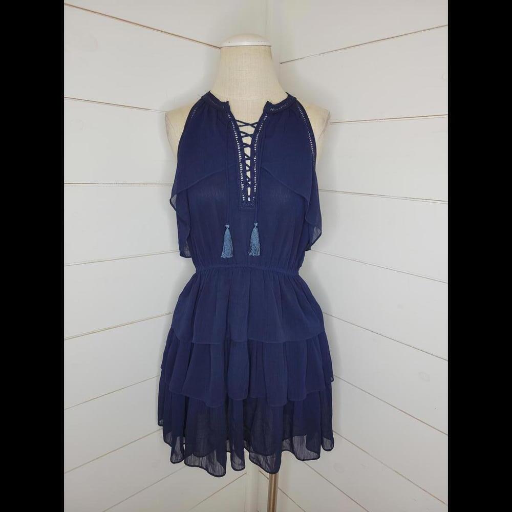 Double Zero small navy blue sheer tiered mini dress